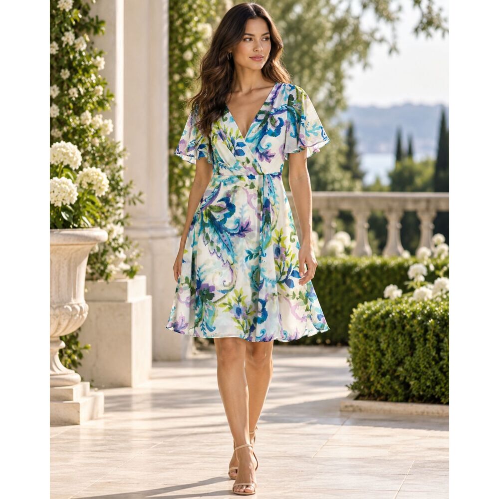 NWT Lauren Ralph Lauren Black Label Size 0 Floral Chiffon Dress Wrap V Neck